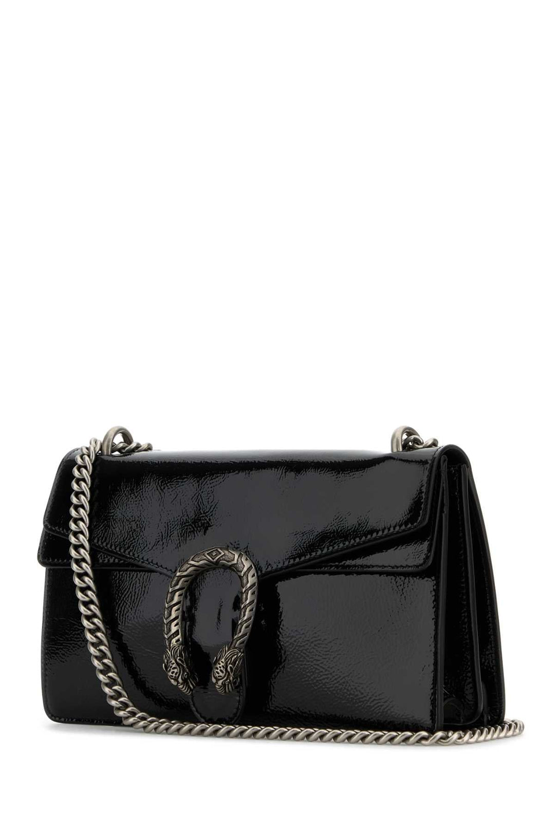 Black handbag with chain detail on a white background