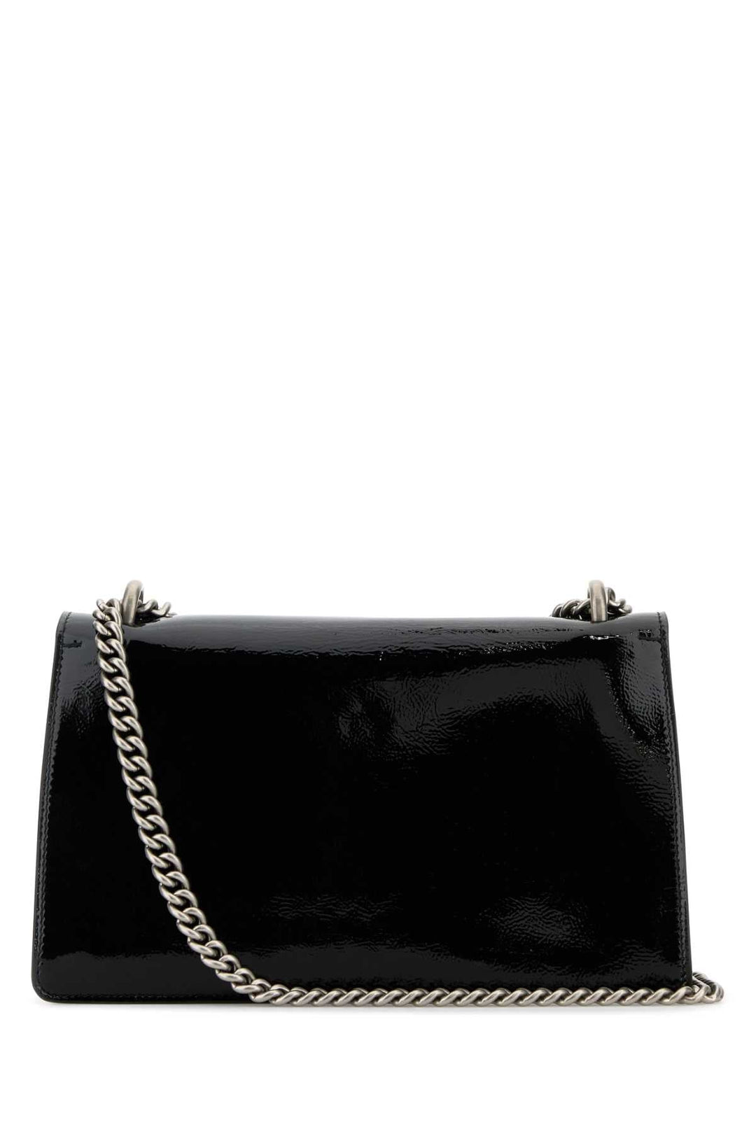 Black patent leather handbag with a chain strap on a white background