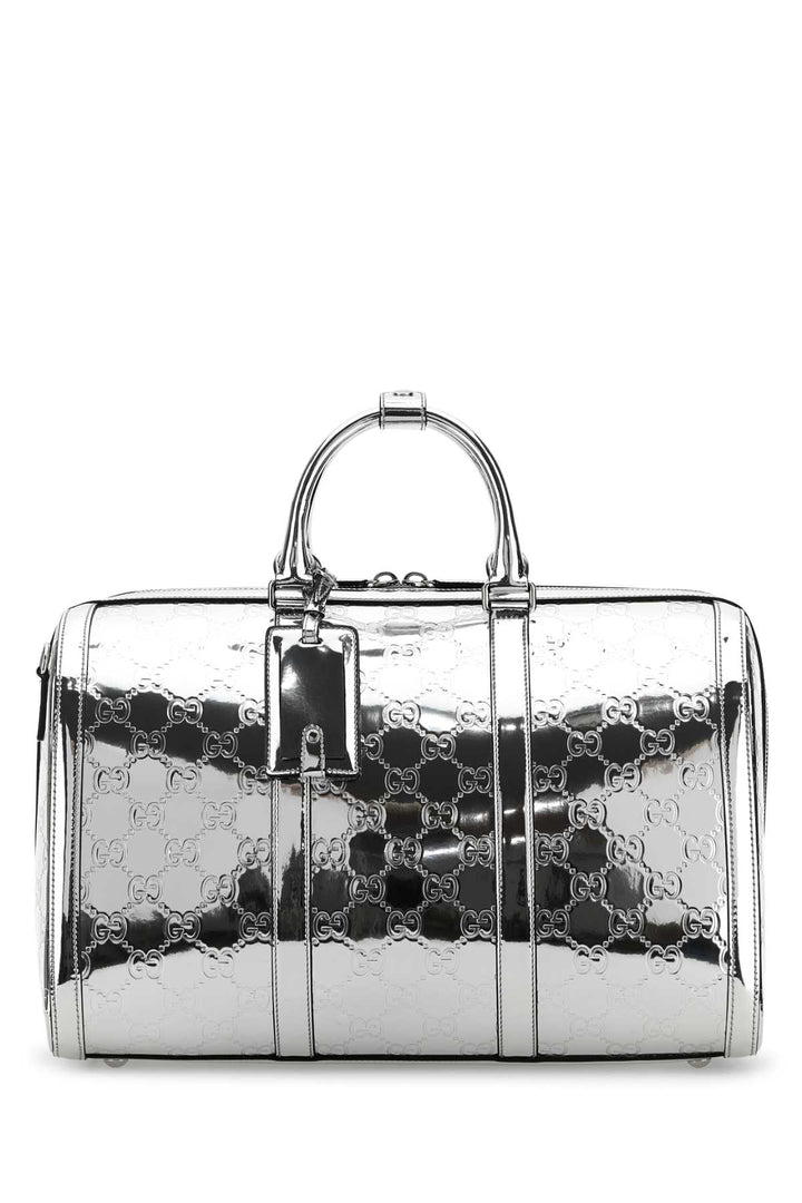 Gucci Men Silver Leather Medium Gg Travel Bag