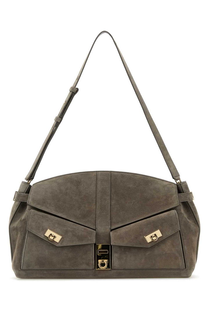 Salvatore Ferragamo Women Grey Suede Shoulder Bag