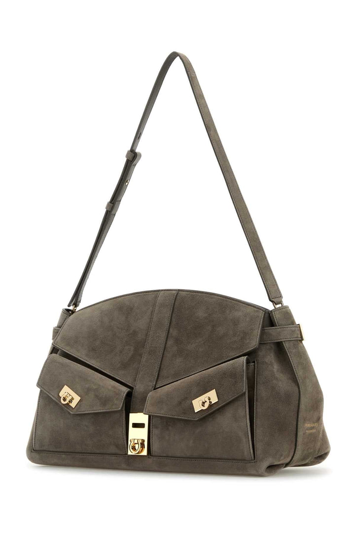 Salvatore Ferragamo Women Grey Suede Shoulder Bag