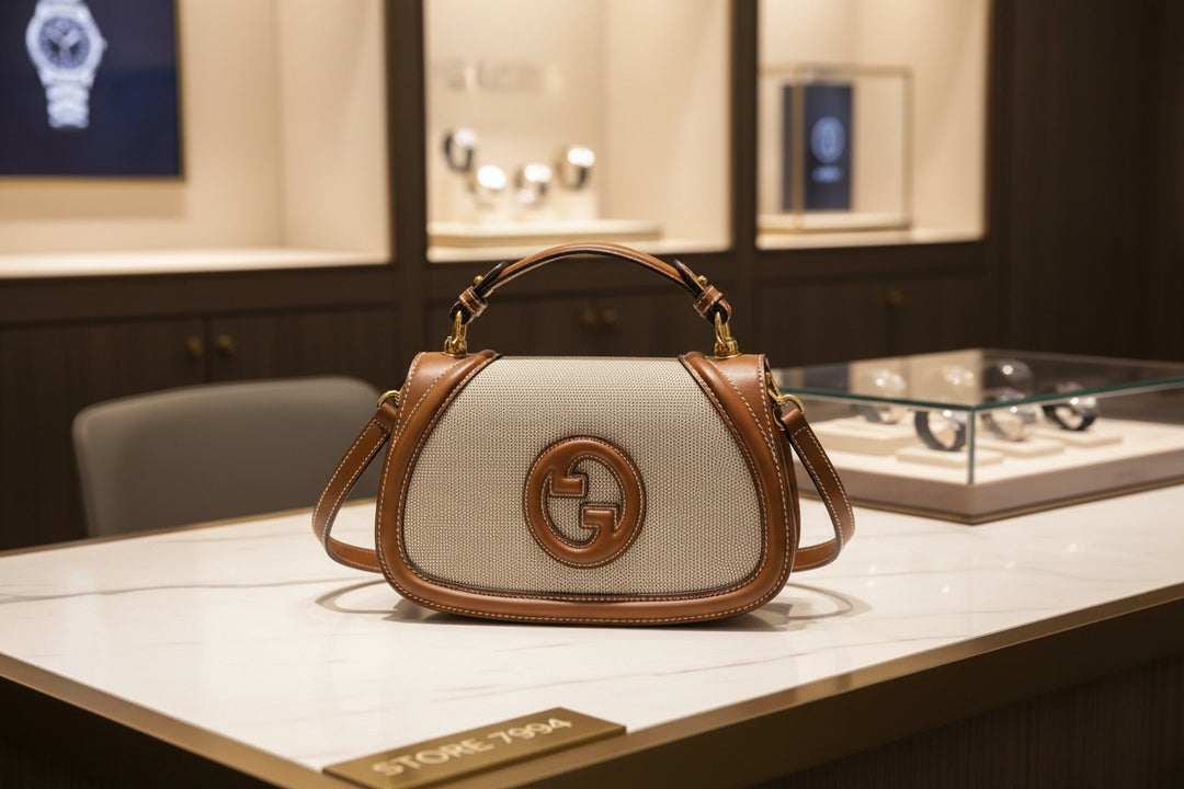 Designer handbag with brown and beige color scheme on a white background