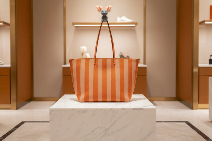 Striped orange and white tote bag on a white background