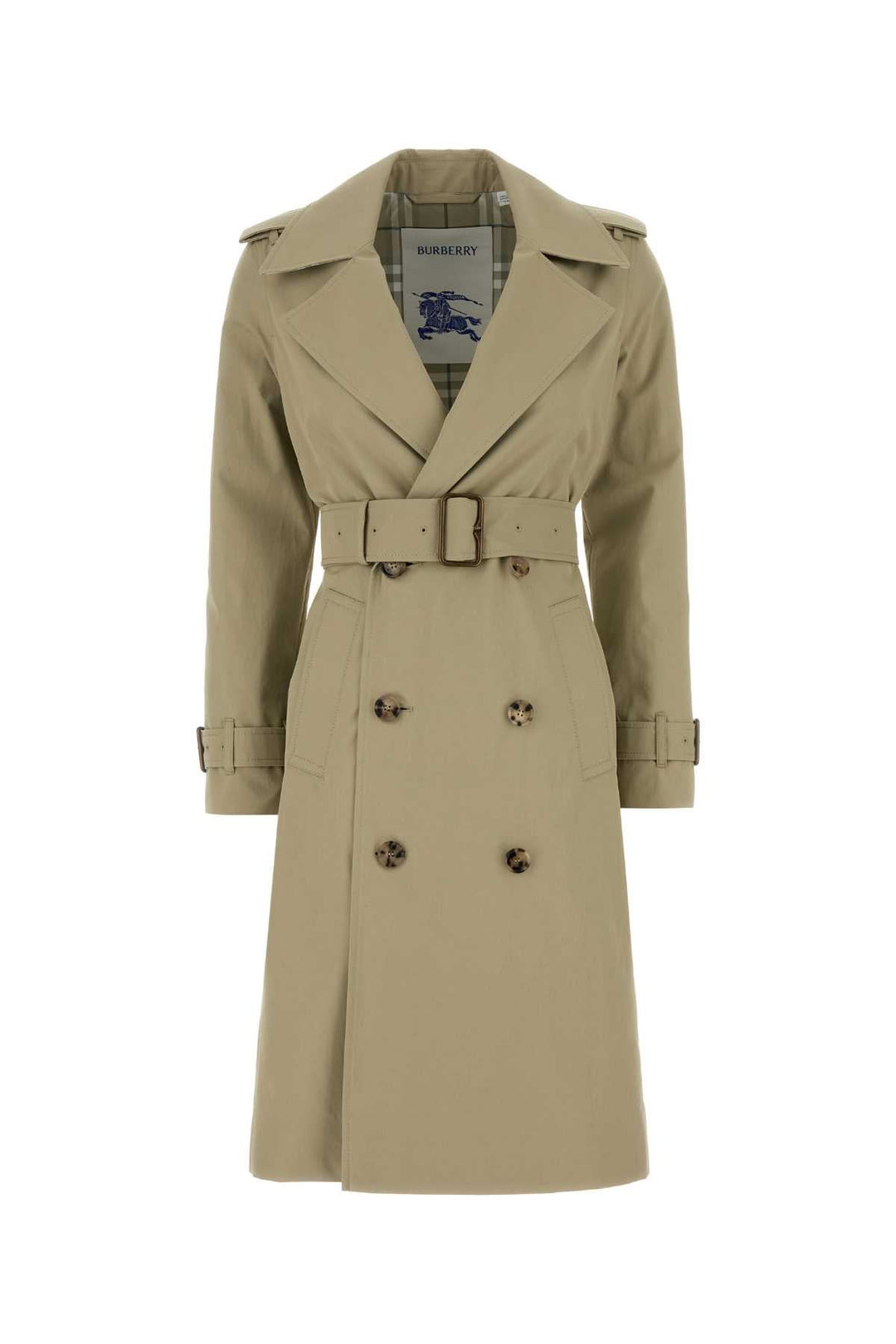 Sage green trench coat with a brand logo on a white background