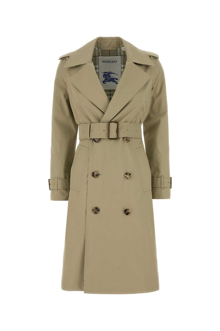 Sage green trench coat with a brand logo on a white background
