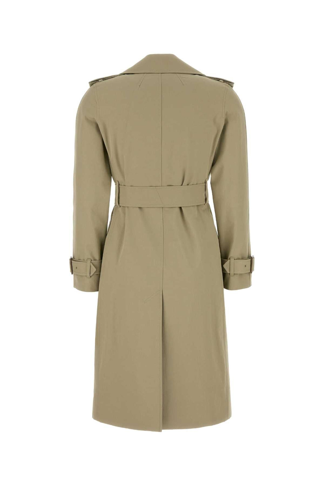 Sage green trench coat with a brand logo on a white background
