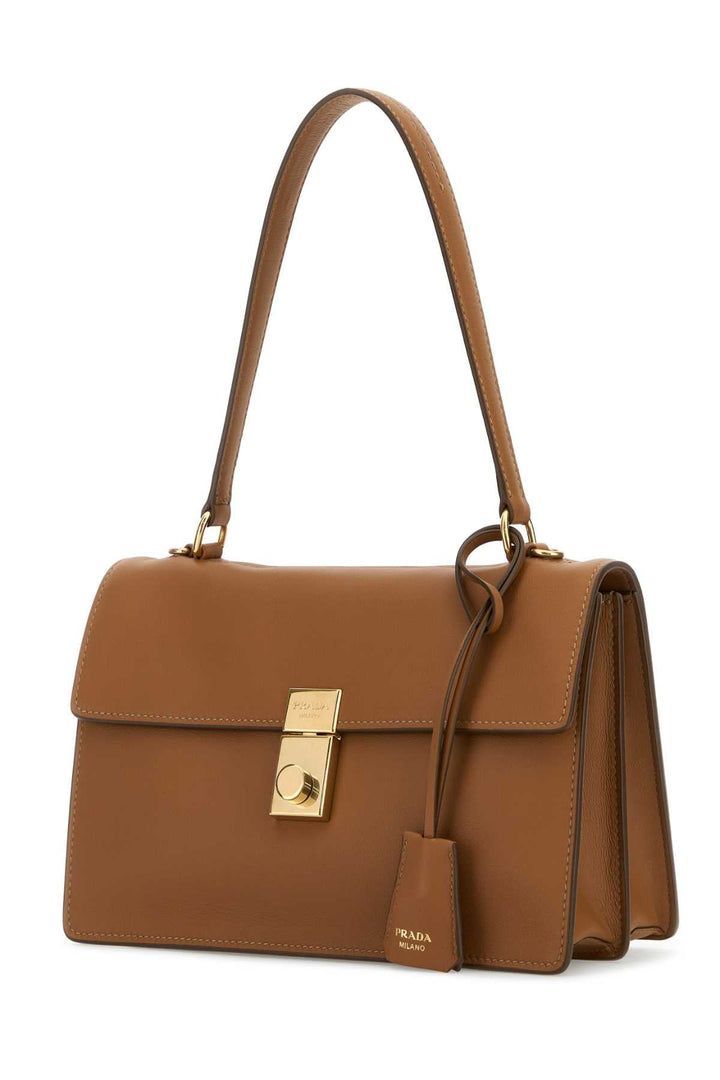 Brown leather handbag with gold clasp on a white background