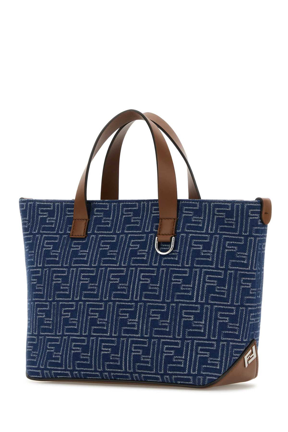 Blue patterned handbag with brown handles and trim on a white background