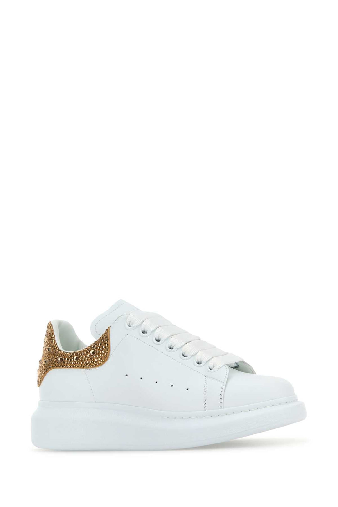 Alexander Mcqueen Women White Leather Sneakers With Embellished Suede Heel