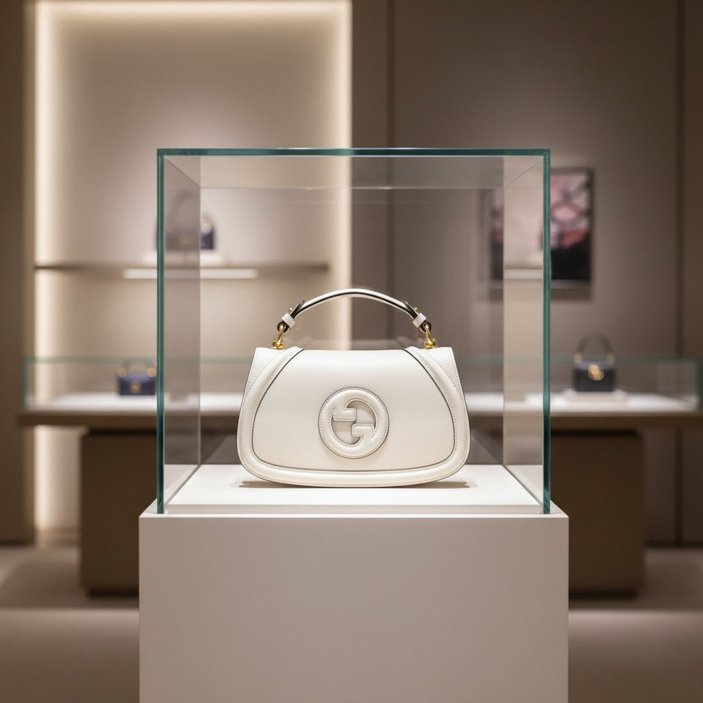 White handbag with gold accents on a white background