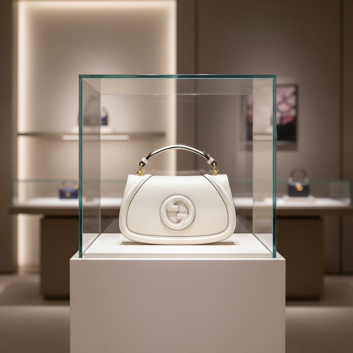 White handbag with gold accents on a white background