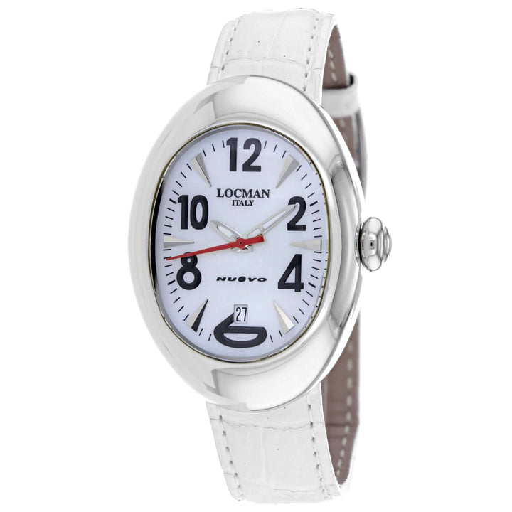White wristwatch with a visible brand logo on a white background