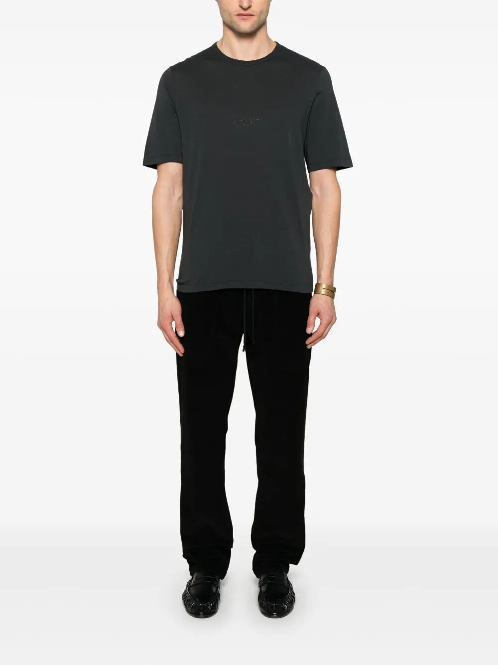 Saint Laurent Men Tonal Logo Embroidery Cotton T-Shirt