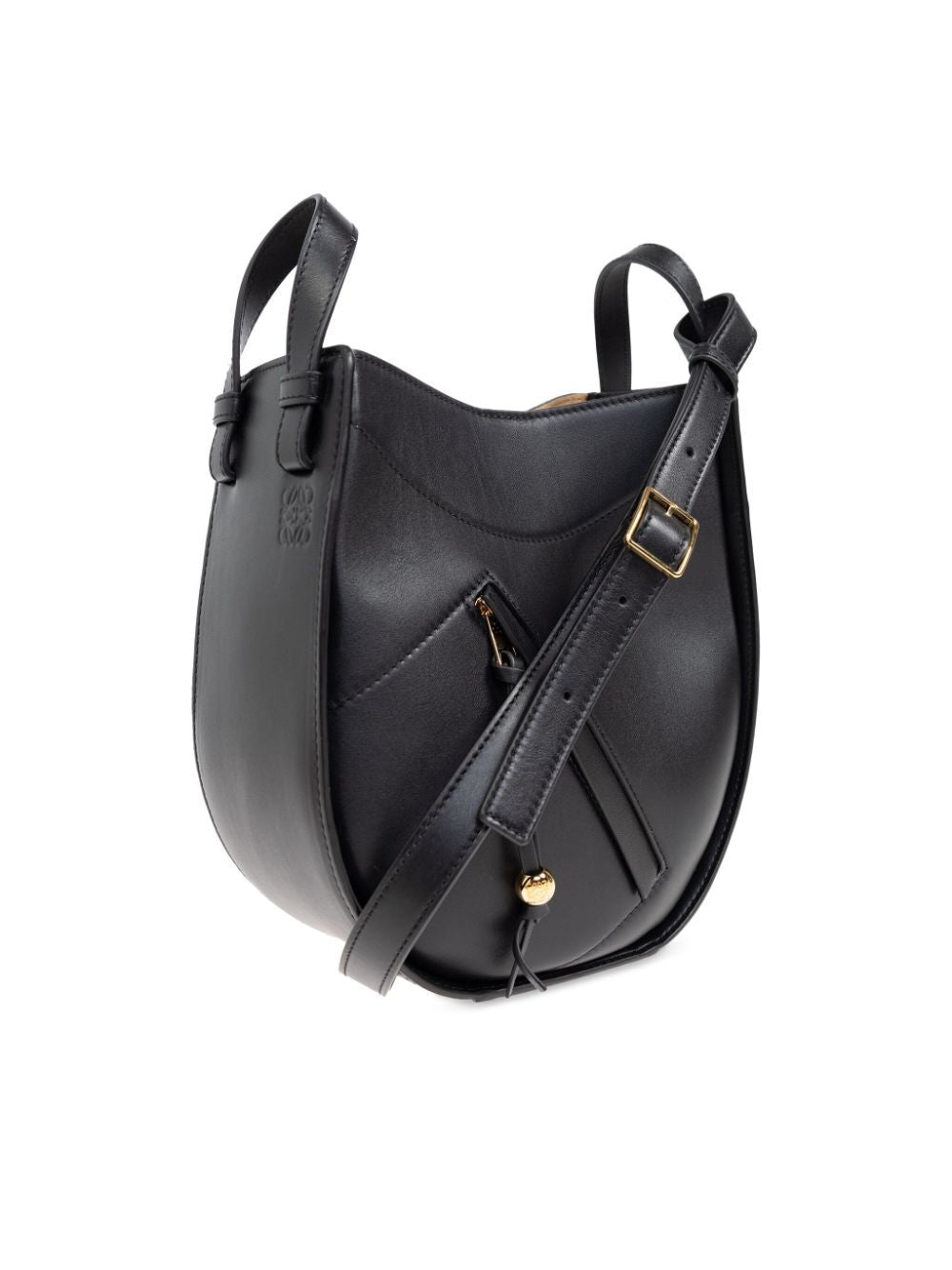 Black leather handbag with gold accents on a white background