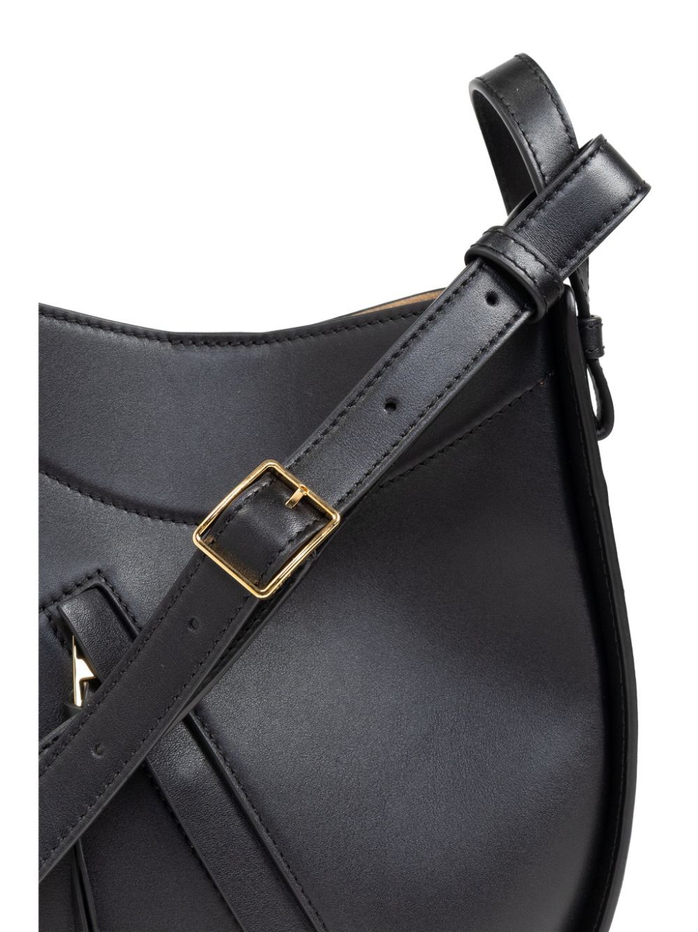 Black leather bag with a gold buckle on a white background