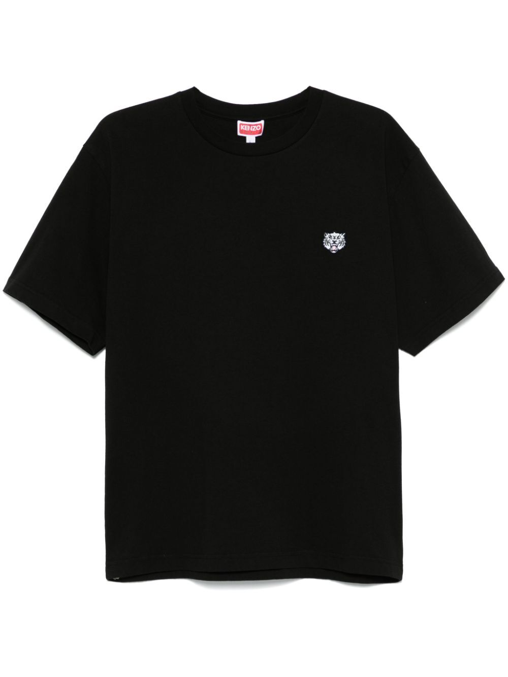 Black t-shirt with a small logo on a white background