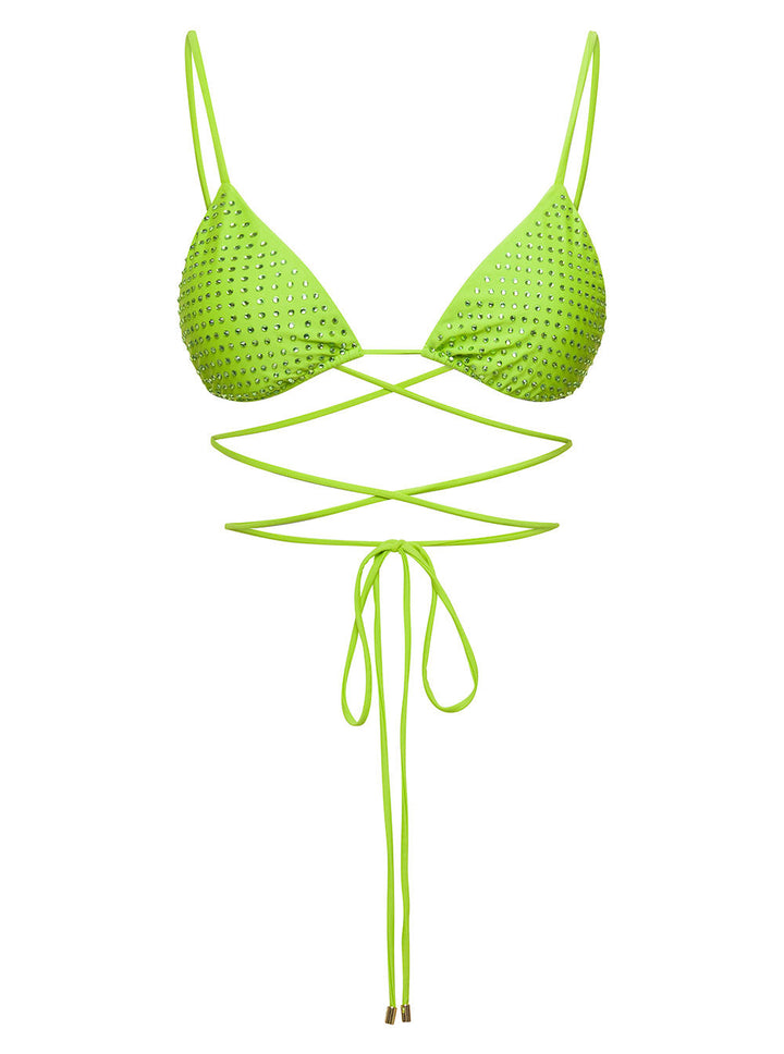 Self-Portrait Women Bikini Top With All-Over Crystal Embellishment In Green Polyamide Woman