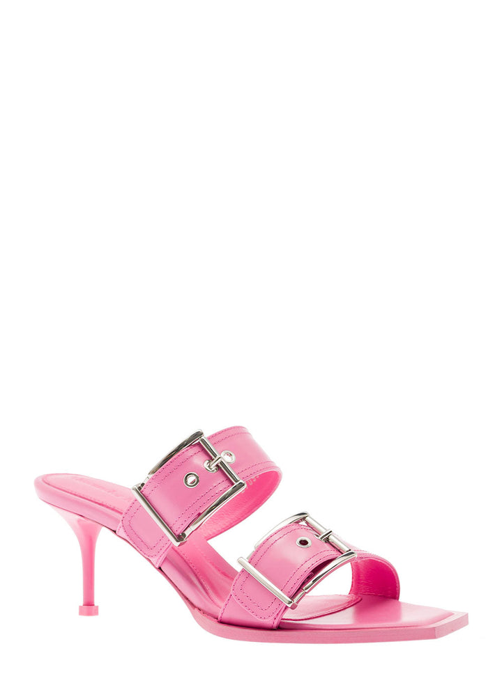 Alexander Mcqueen Women 'Punk' Pink Sandals With Double Strap And Metal Buckles In Leather Woman