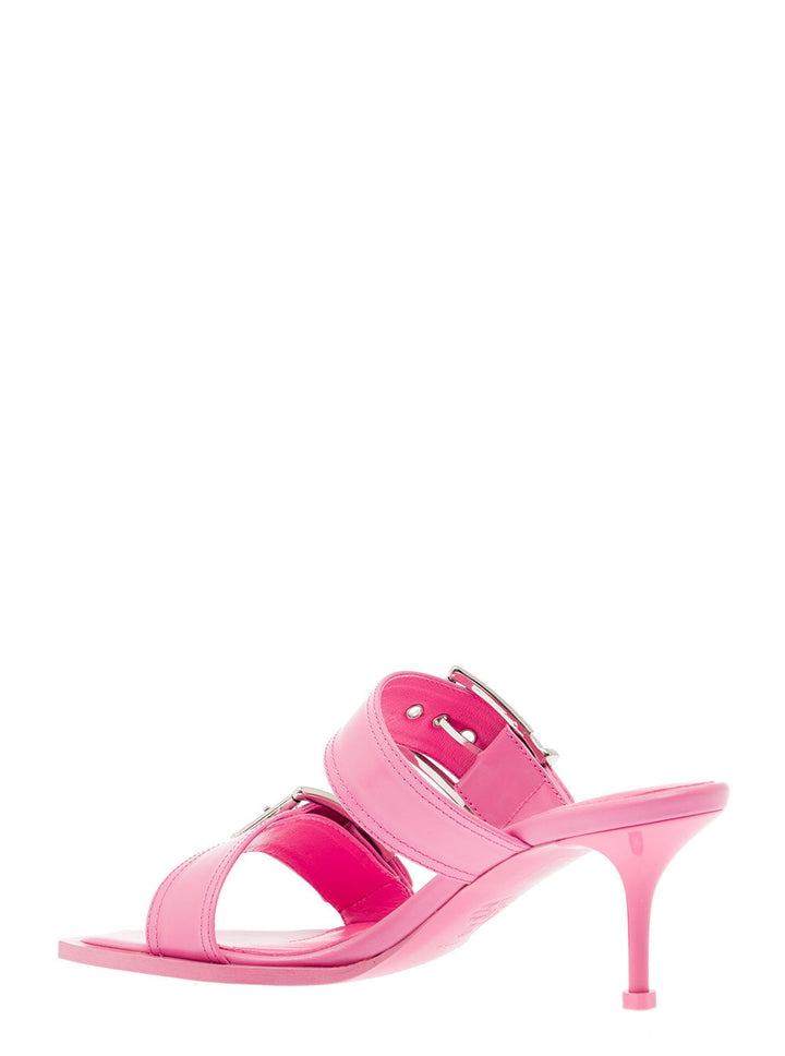 Alexander Mcqueen Women 'Punk' Pink Sandals With Double Strap And Metal Buckles In Leather Woman