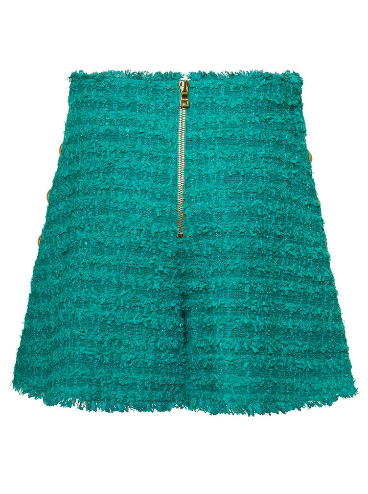 Balmain Women Green Shorts High Waist With Pinces And Fringed Hem In Tweed Woman