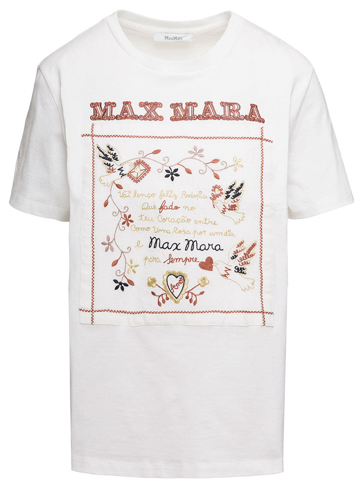Max Mara Women White Crew Neck T-Shirt With Embroidered Design And Logo In Cotton Woman
