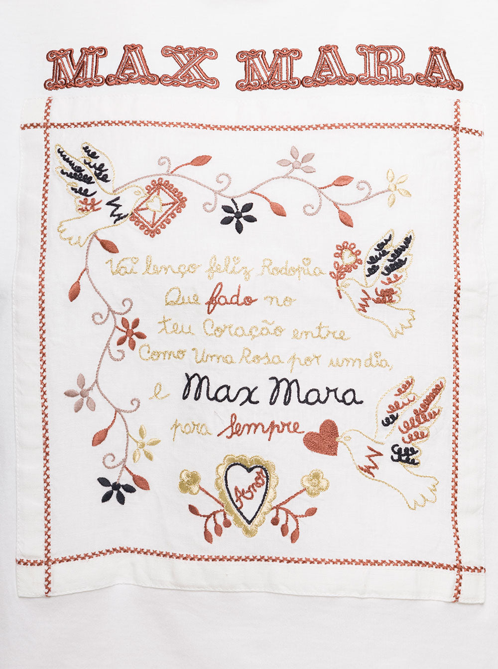 Max Mara Women White Crew Neck T-Shirt With Embroidered Design And Logo In Cotton Woman