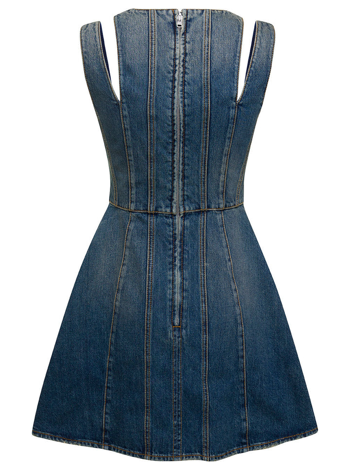 Alexander Mcqueen Women Blue Mini Dress With Cut-Out Detail And Pleated Skirt In Cotton Denim Woman
