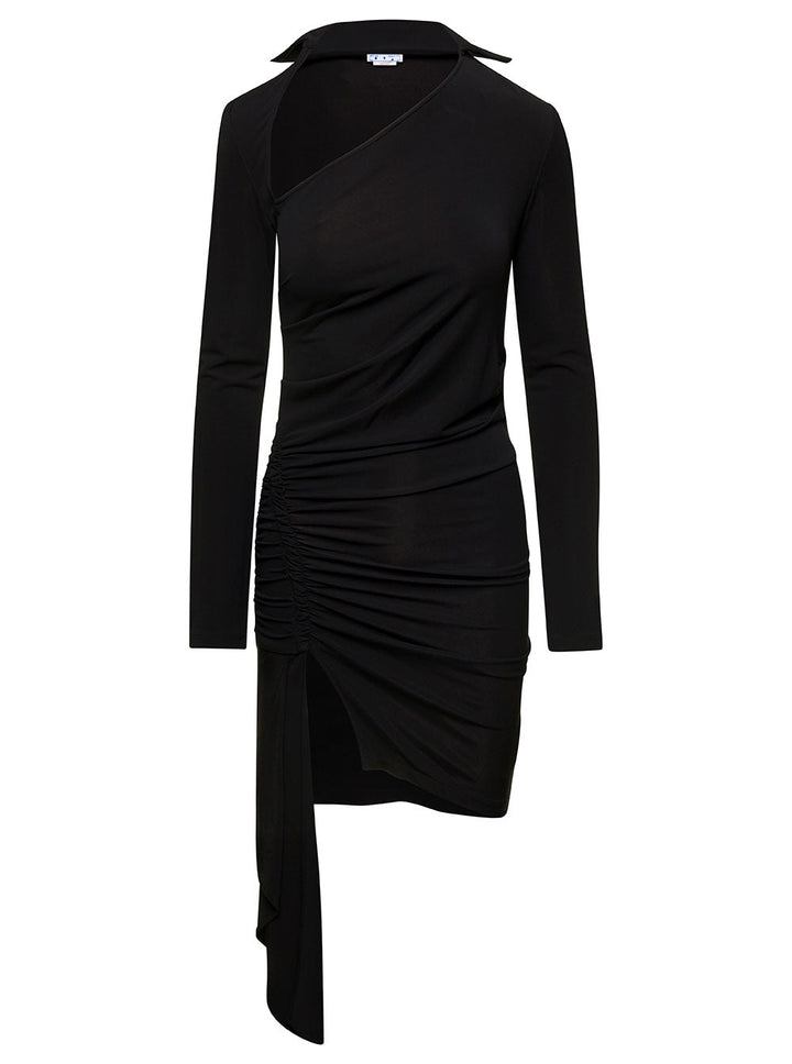 Off-White Women Mini Asymmetric Black Dress With Cut-Out And Ruffle Detail In Viscose Stretch Woman