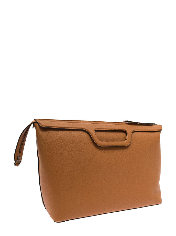 Fendi Men 'Duffle' Brown Handlebag With Front Metal Logo In Full-Grain Leather
