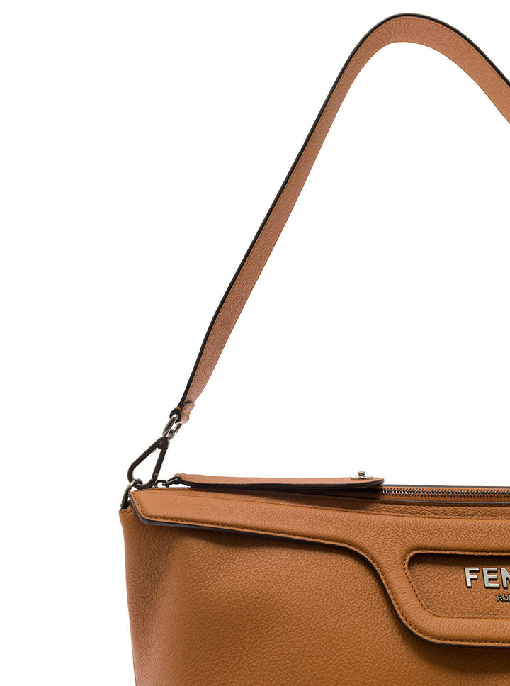 Fendi Men 'Duffle' Brown Handlebag With Front Metal Logo In Full-Grain Leather