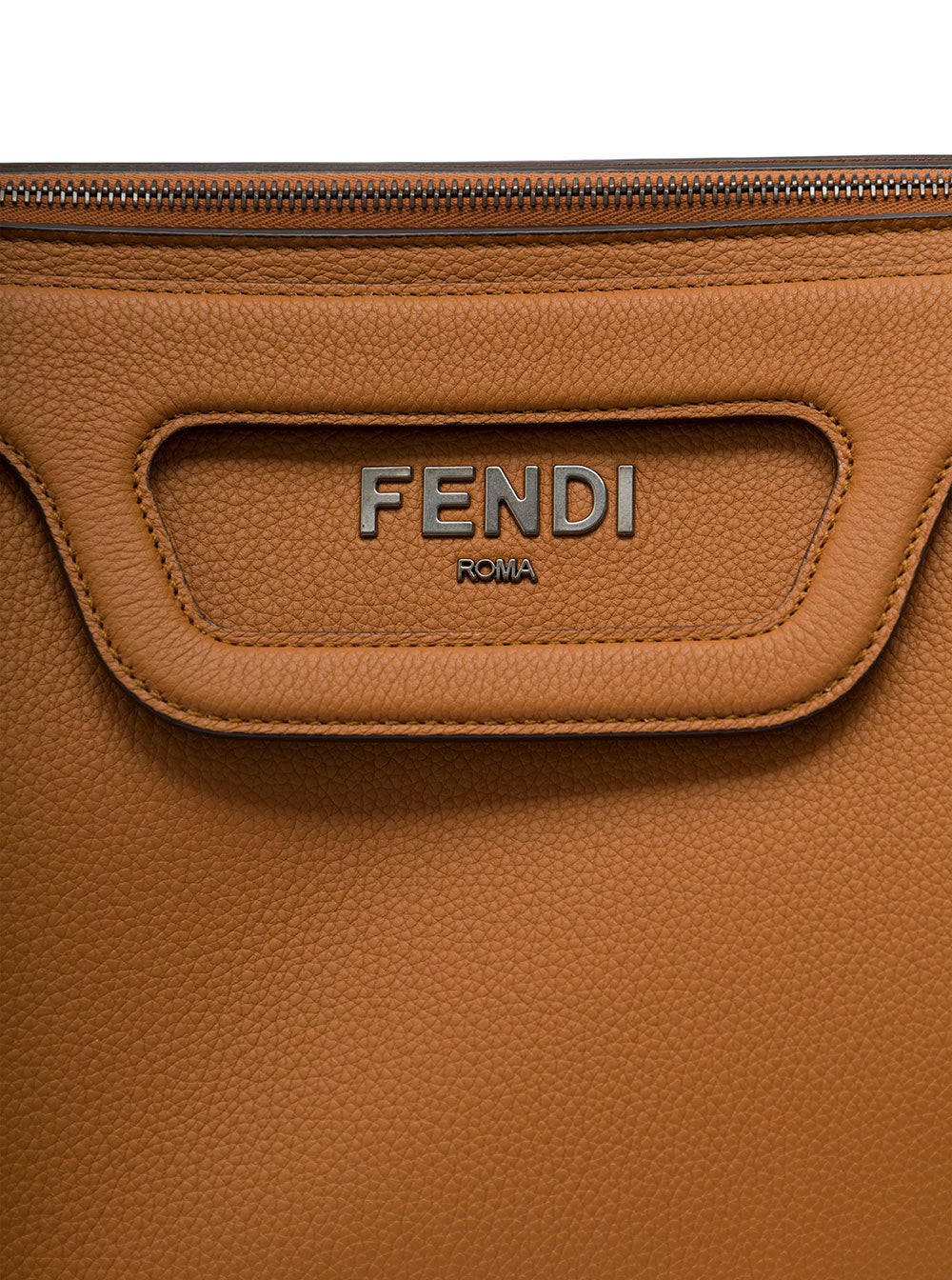 Fendi Men 'Duffle' Brown Handlebag With Front Metal Logo In Full-Grain Leather