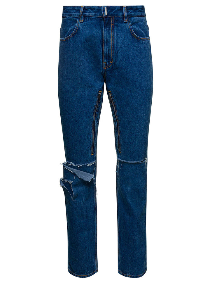 Givenchy Men Blue Jeans With Zip And Rips Details In Cotton Denim Man