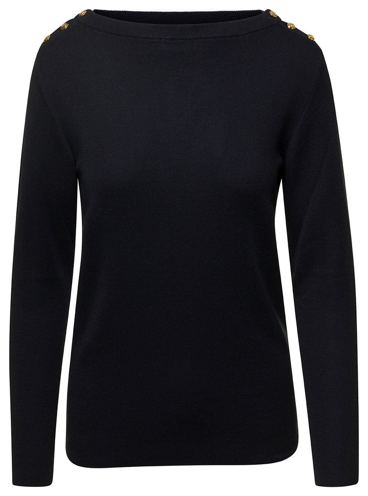 Gucci Women Black Sweater With Boat Neckline And Golden Logo Buttons In Cashmere Woman
