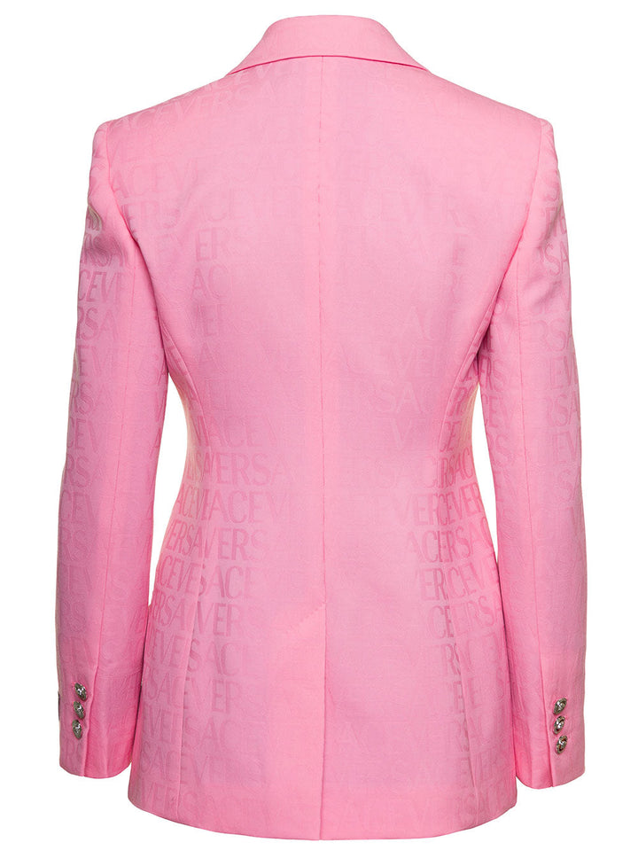 Versace Women Pink Single-Breasted Jacket With All-Over Tonal Logo Lettering Print In Wool Woman