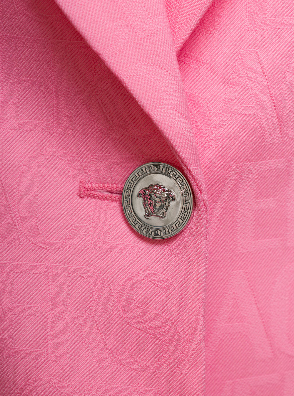 Versace Women Pink Single-Breasted Jacket With All-Over Tonal Logo Lettering Print In Wool Woman