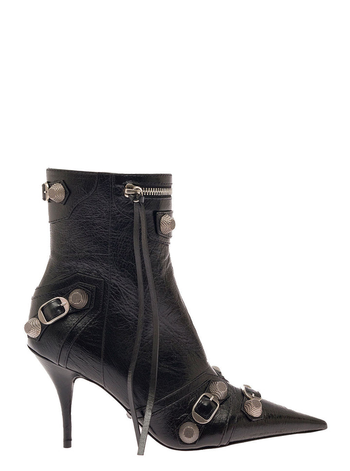Balenciaga Women 'Cagole' Black Pointed Bootie With Studs And Buckles In Leather Woman
