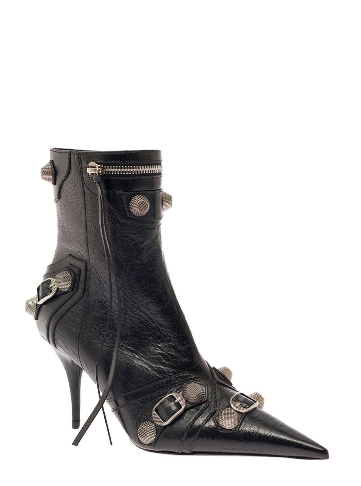 Balenciaga Women 'Cagole' Black Pointed Bootie With Studs And Buckles In Leather Woman