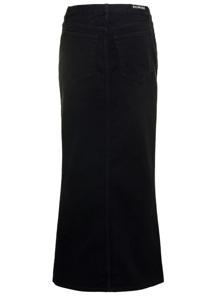 Balenciaga Women Maxi Black Skirt With Logo Patch At The Back In Cotton Denim Woman