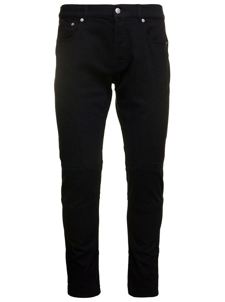 Alexander Mcqueen Men Black Jeans With Branded Button And Logo Patch In Cotton Denim Stretch Man