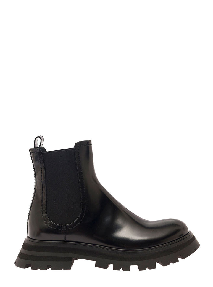 Alexander Mcqueen Women Black Chelsea Boots With Elastic Inserts In Smooth Leather Woman