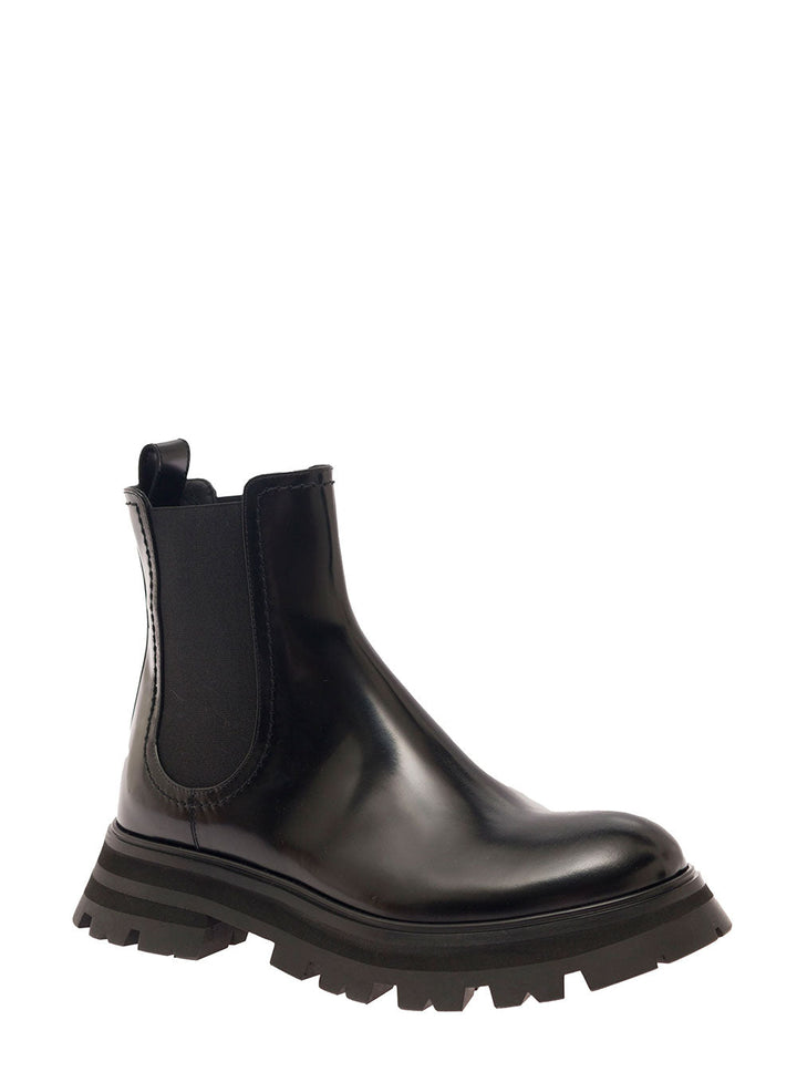 Alexander Mcqueen Women Black Chelsea Boots With Elastic Inserts In Smooth Leather Woman