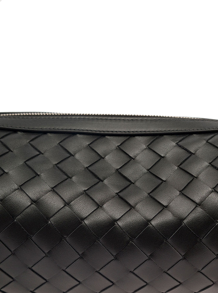 Bottega Veneta Men 'Cannolo' Black Crossbody Bag With Intreccio Motif In Leather Man