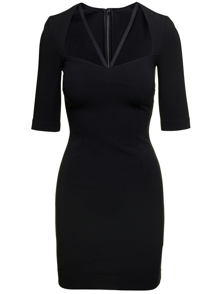 Dolce & Gabbana Women Black Mini Dress With Short Sleeves And Neckline Detail In Viscose Blend Woman