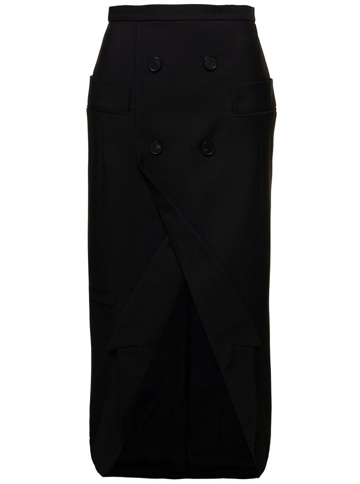 Alexander Mcqueen Women Black Long Sartorial Skirt With Front Split In Wool Woman