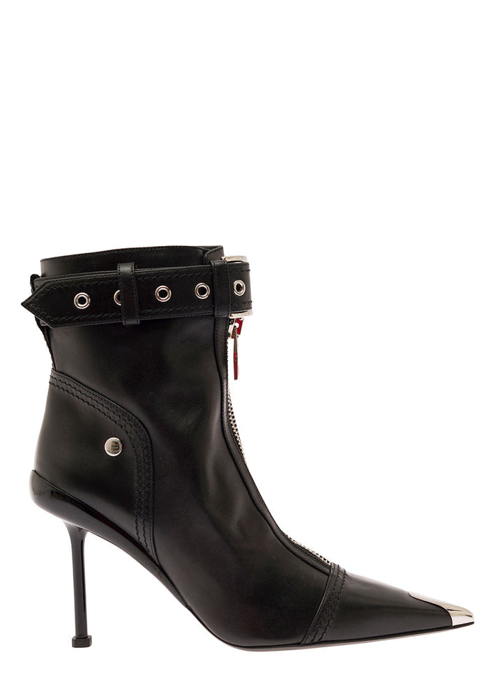 Alexander Mcqueen Women Black Ankle Boots With Buckle And Zip Closure In Leather Women