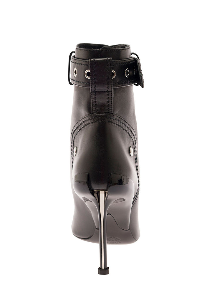 Alexander Mcqueen Women Black Ankle Boots With Buckle And Zip Closure In Leather Women