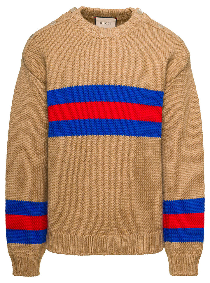 Gucci Men Camel Brown Crewneck Sweater With Web Intarsia In Wool And Mohair Man
