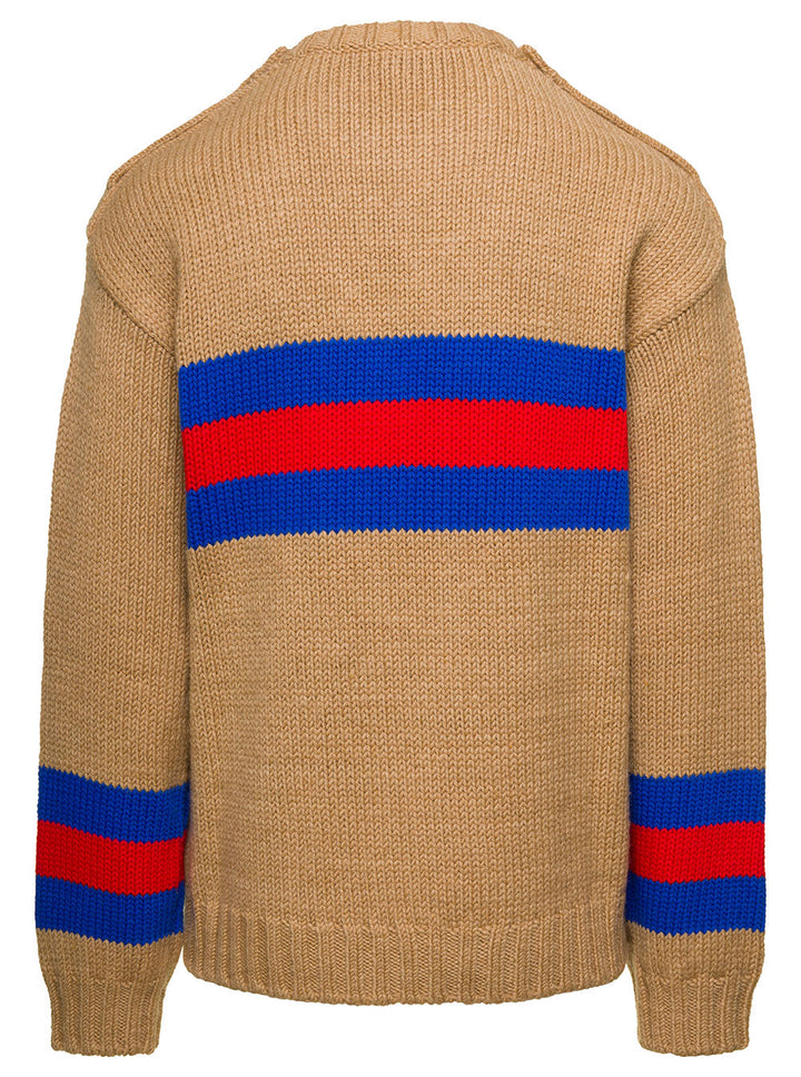 Gucci Men Camel Brown Crewneck Sweater With Web Intarsia In Wool And Mohair Man