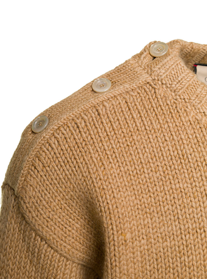 Gucci Men Camel Brown Crewneck Sweater With Web Intarsia In Wool And Mohair Man