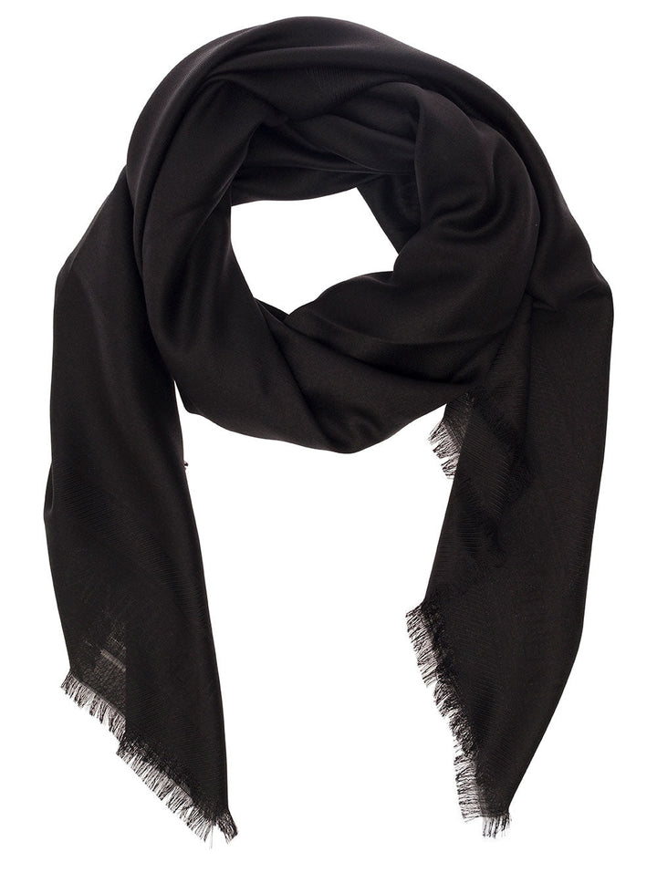 Saint Laurent Men Black Scarf With Jacquard Logo And Fringed Hem In Wool And Silk Man